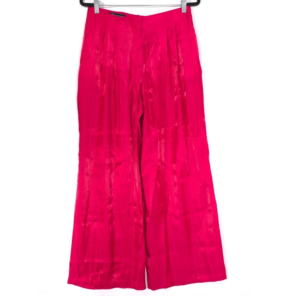 NWOT ZARA Women's Trouser Pants XL Wide Leg Wrinkle Flare Satin Pink 8764/509 - Picture 2 of 12